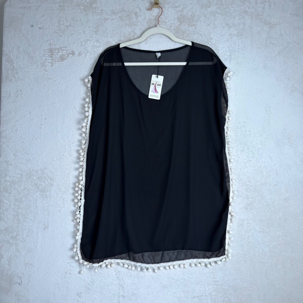 Women Black Sheer Chiffon Pom Pom Trim Swim Cover Up Kaftan Top OS